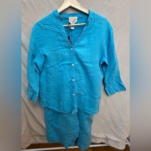Vintage Talbots Turquoise Button-Down Shirt and capri pant 100% linen set